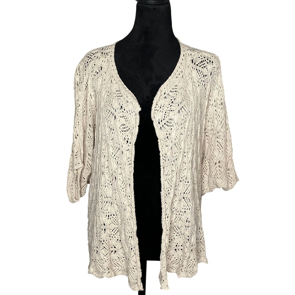 Lucky Brand Short Dolman‎ Sleeve Crochet Cardigan Ivory L/XL Cottage Boho Granny